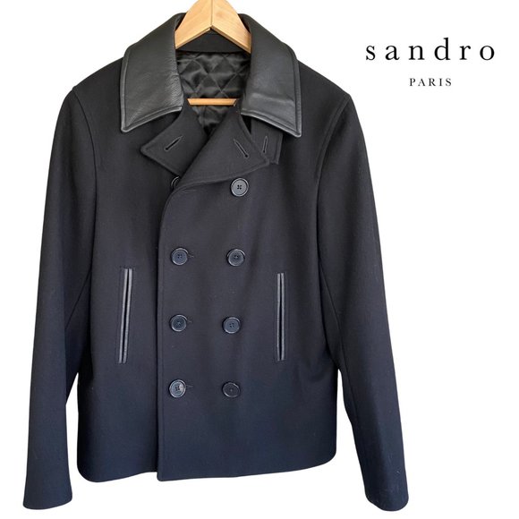 Sandro Other - SANDRO Paris Black Leather Trim 100% Wool Pea Coat